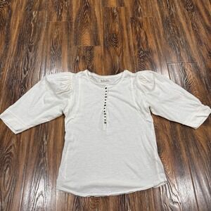 WE THE FREE White M Boho Henley Top Button Front Puff Sleeve Cottagecore Woman's